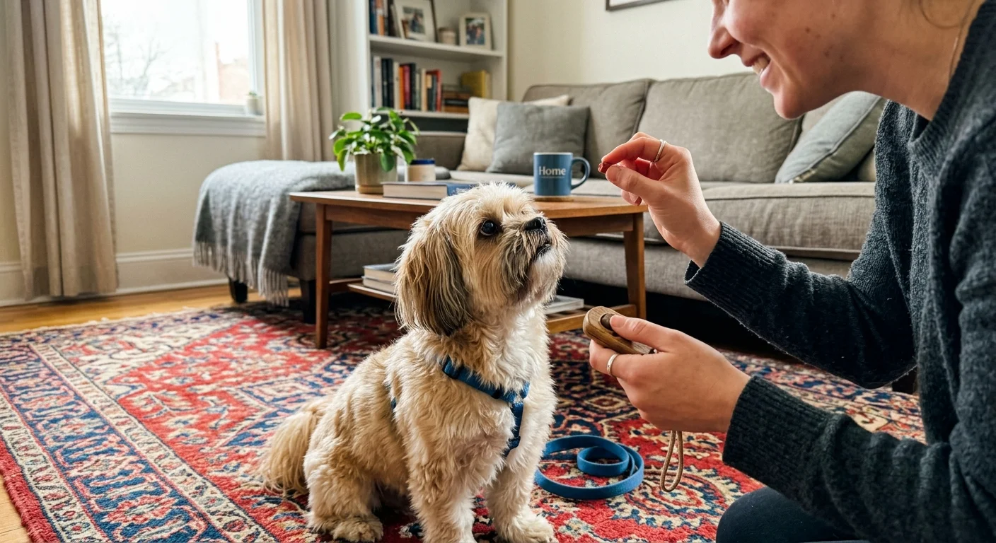 A close-up, candid photo of a person training a small Lhasa Apso with treats on a living room rug.