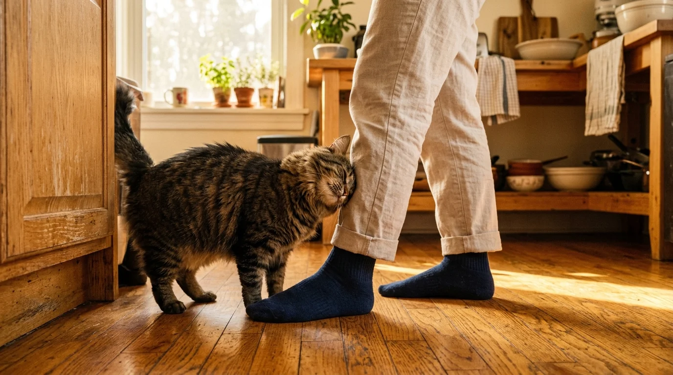 A close-up candid photo of a tabby cat gently rubbing its cheek against a person's ankle on a warm, sunlit kitchen floor.