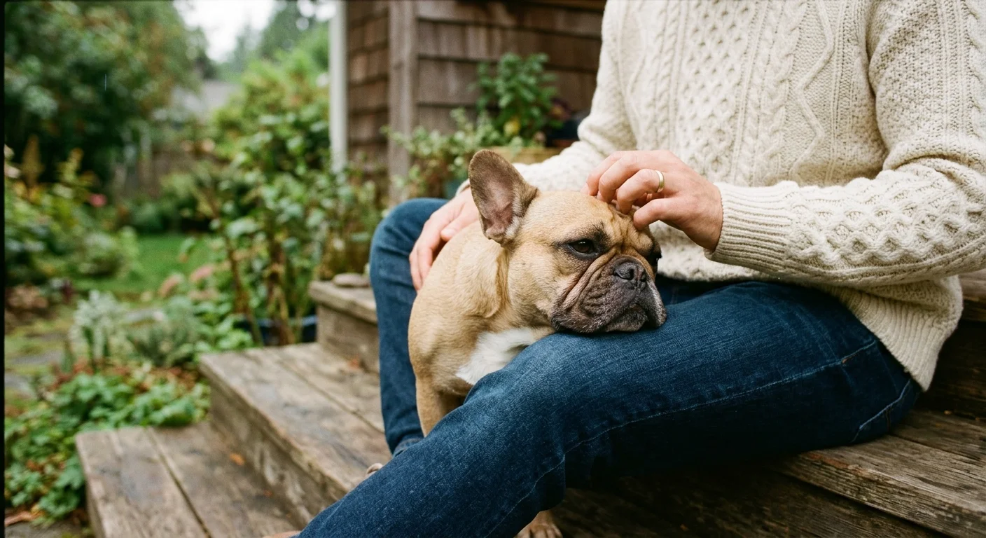 A close-up film photo of a French Bulldog resting its head on its owner's lap on a wooden porch.
