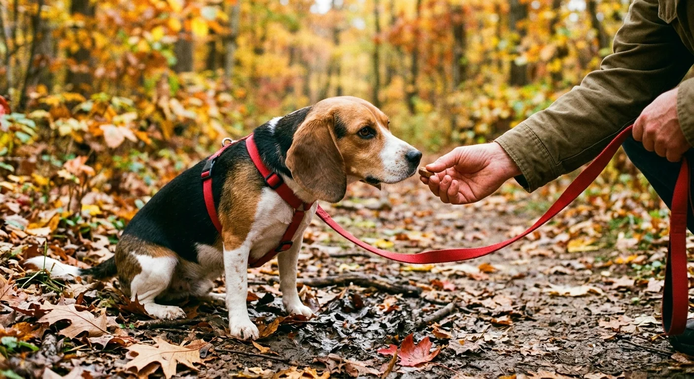 A close-up of a dog owner offering a treat to redirect a Beagle on a leash away from a muddy patch.