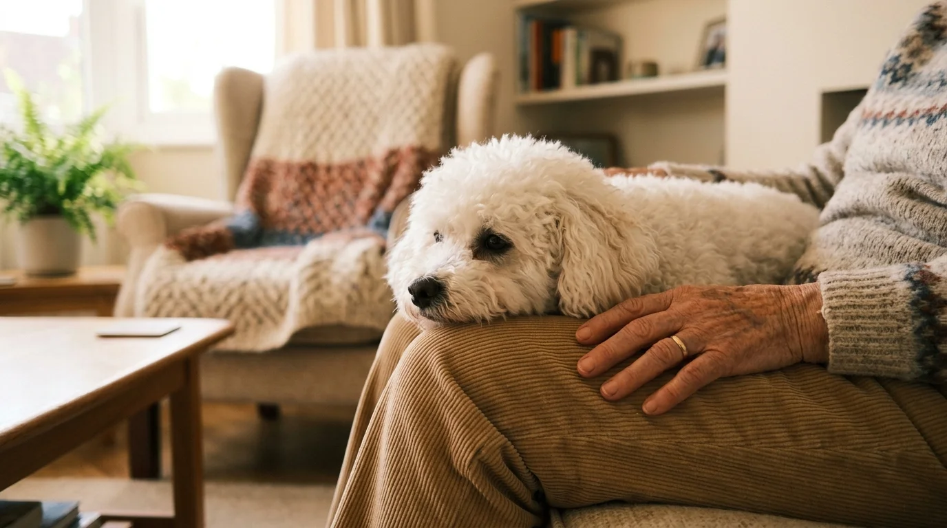 A close-up photo of a fluffy white Bichon Frise resting its head gently on a senior woman's lap in a sunlit living room.