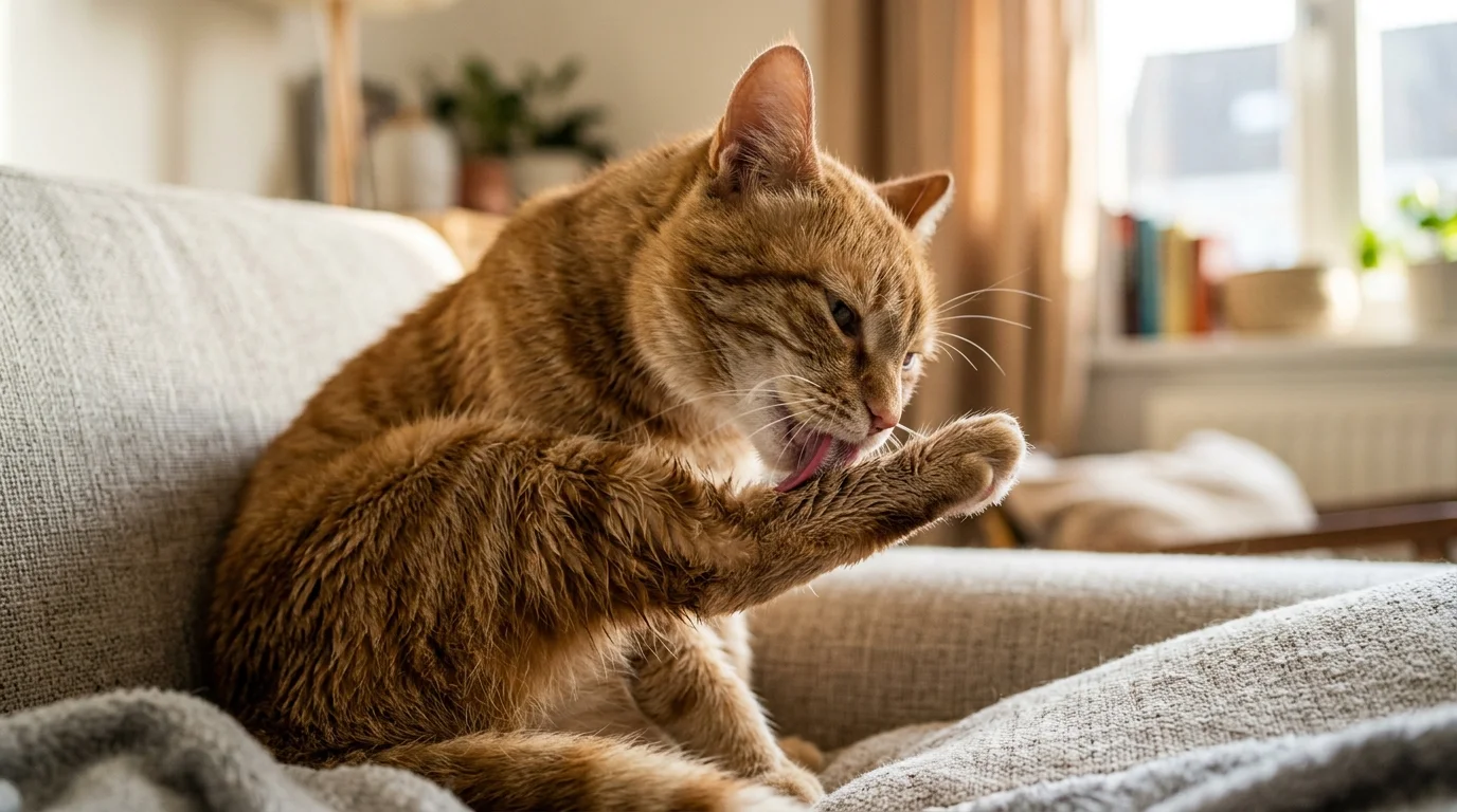 A close-up photograph of a ginger tabby cat licking its front leg on a linen sofa in warm afternoon light.