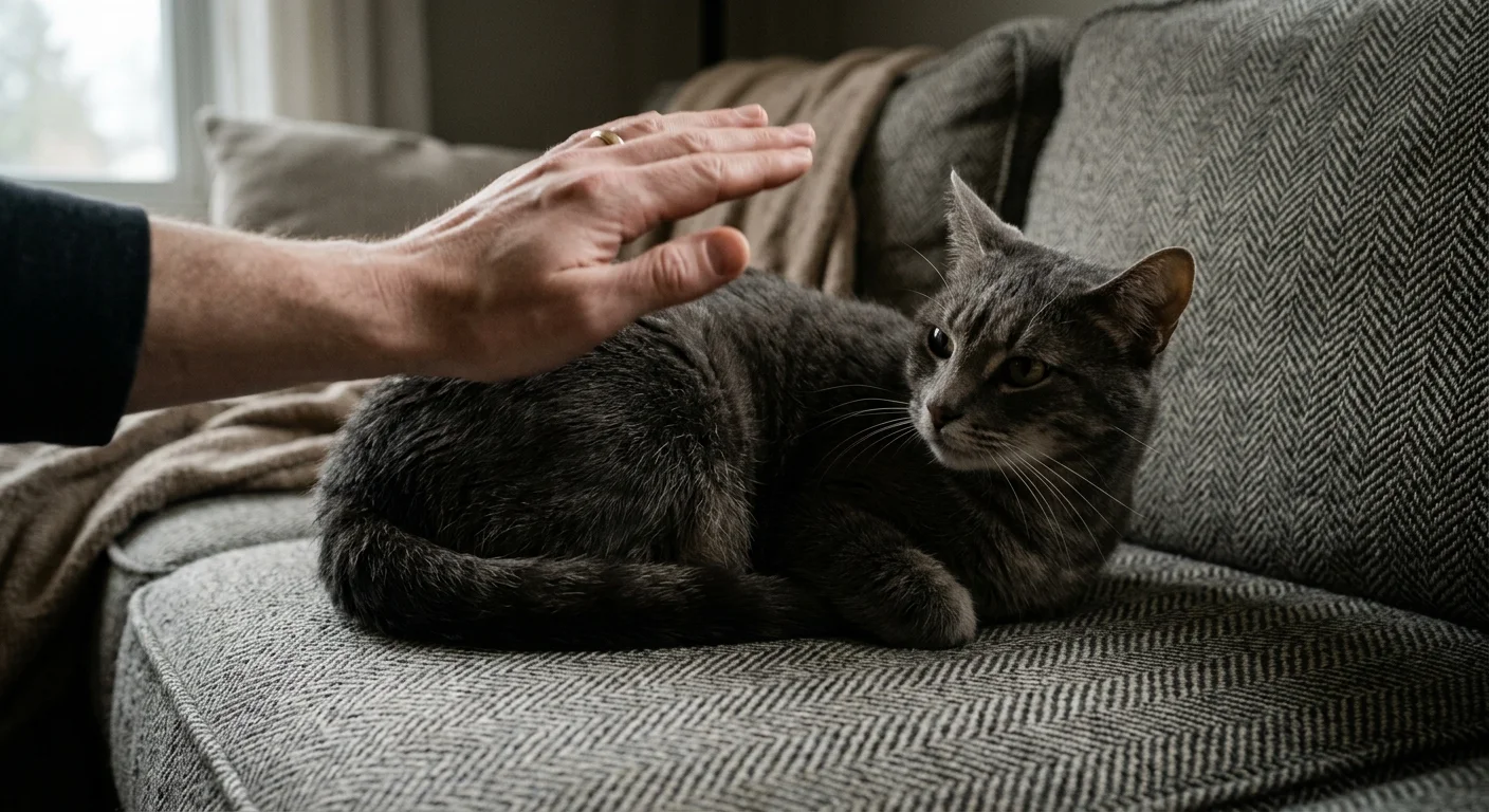 A close-up photograph of a hand gently backing away from a tense cat on a grey herringbone sofa, respecting its physical boundaries.