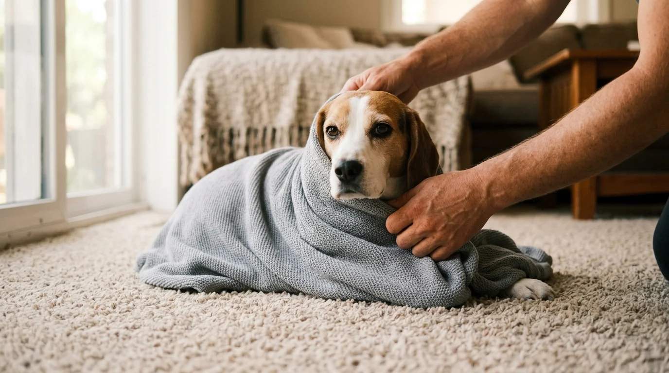 A close-up photograph of a person gently wrapping a Beagle in a soft grey swaddle blanket.