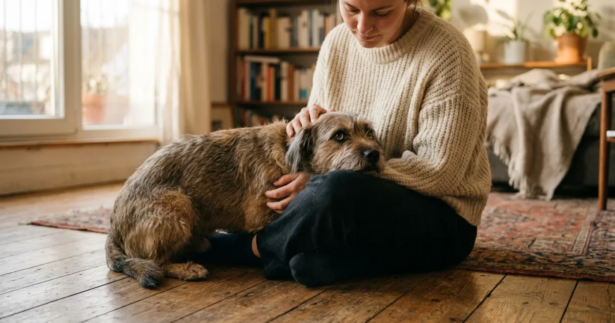 A close-up photograph of an anxious dog leaning its head and body against its owner's leg in a warm, sunlit living room.