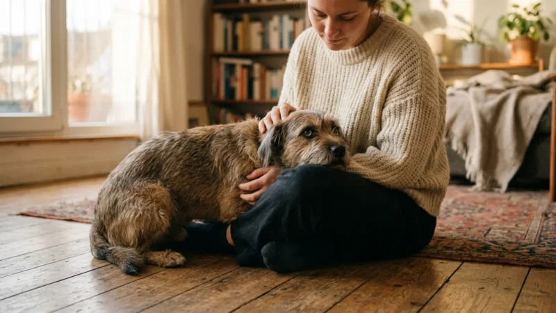 A close-up photograph of an anxious dog leaning its head and body against its owner's leg in a warm, sunlit living room.