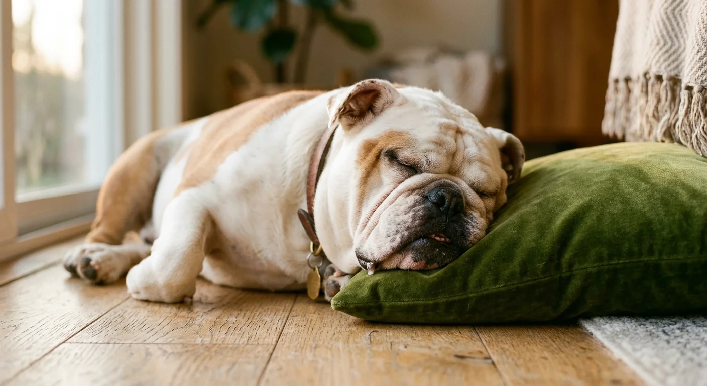 A close-up shot of a sleeping English Bulldog resting its wrinkled head on a green velvet pillow on a hardwood floor.
