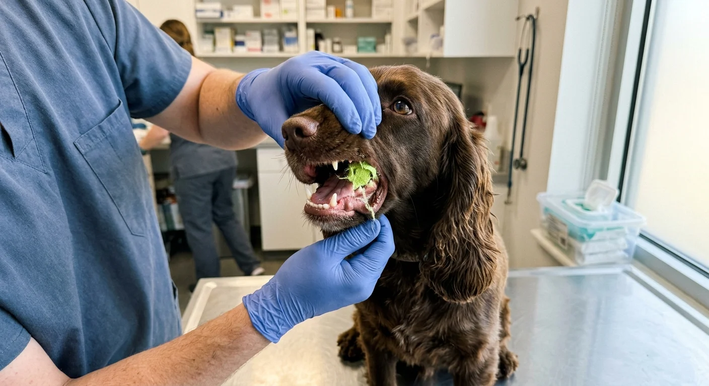 A close-up shot of a veterinarian gently showing a piece of a green tennis ball stuck between a dog's back teeth.
