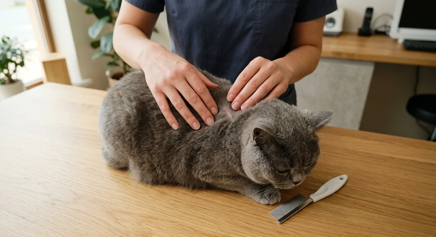 A close-up shot of a veterinarian's hands gently parting a gray cat's fur to examine the skin during a checkup.