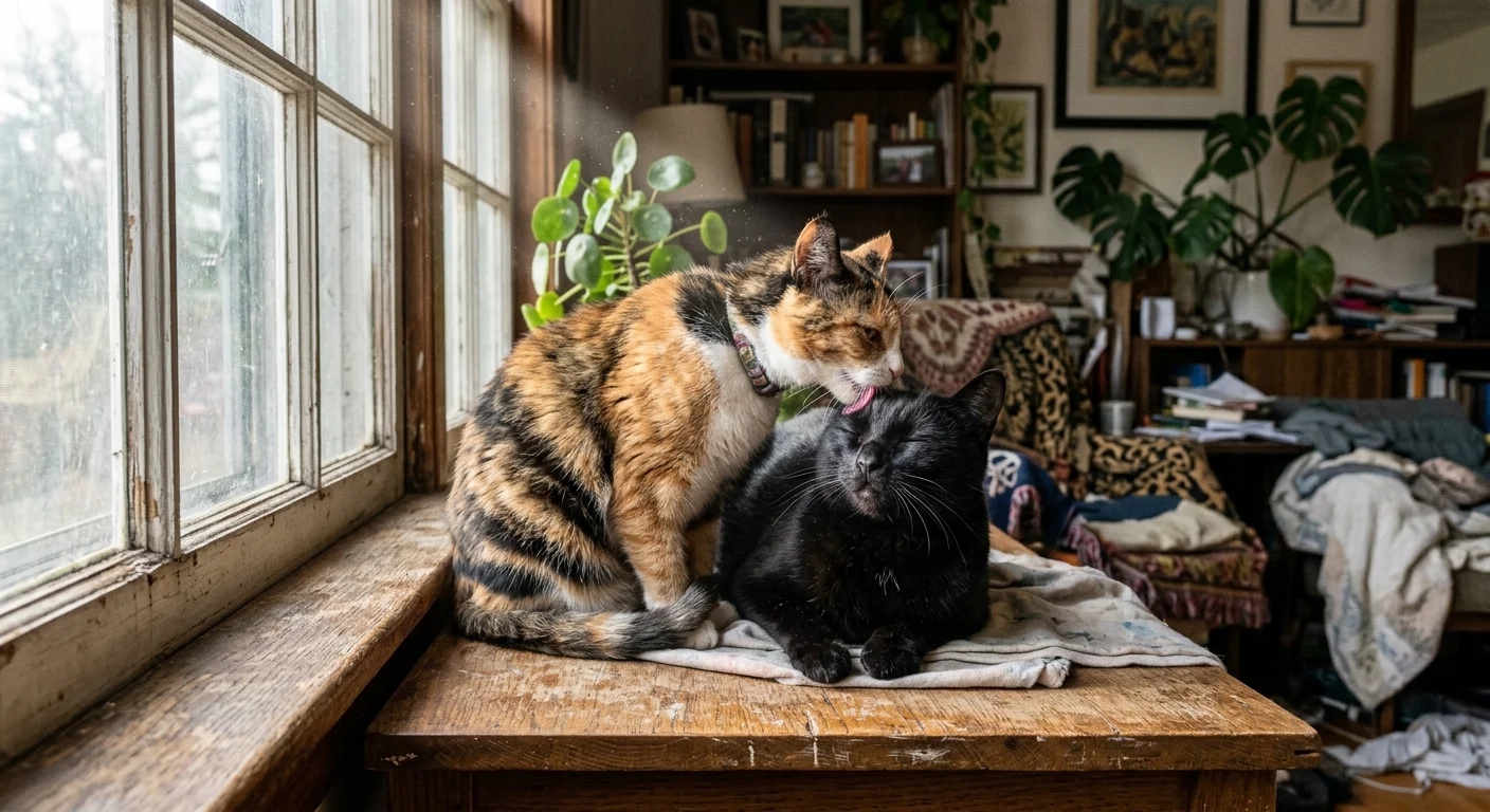 A close-up snapshot of a calico cat grooming the head of a relaxed black cat on a wooden windowsill.