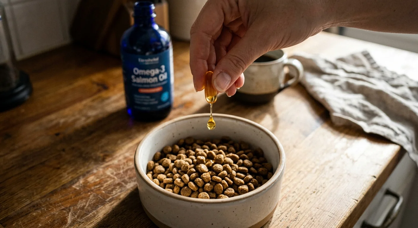 A close-up snapshot of a hand squeezing a golden Omega-3 fish oil capsule over a bowl of dog kibble on a wooden kitchen counter.