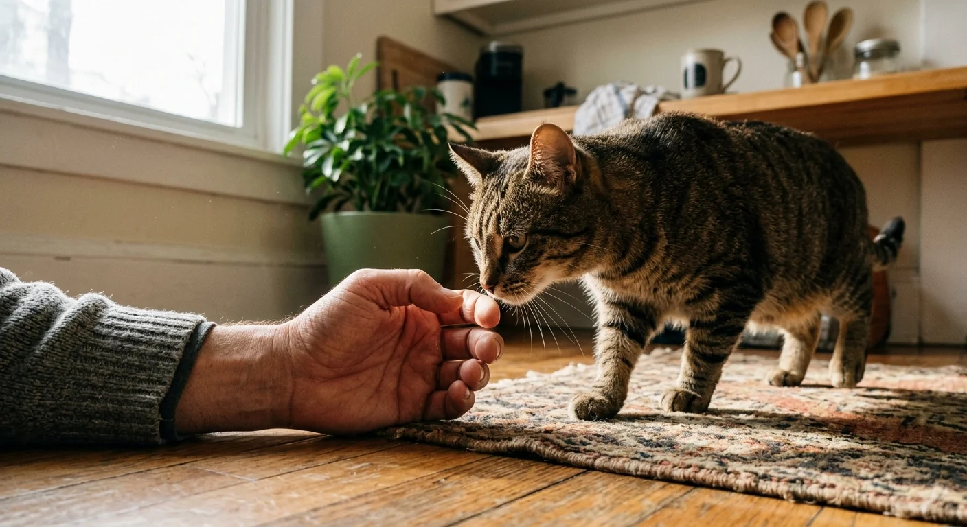 A close-up snapshot of a tabby cat sniffing a person's lowered hand on a sunlit hardwood floor, showing a respectful approach.