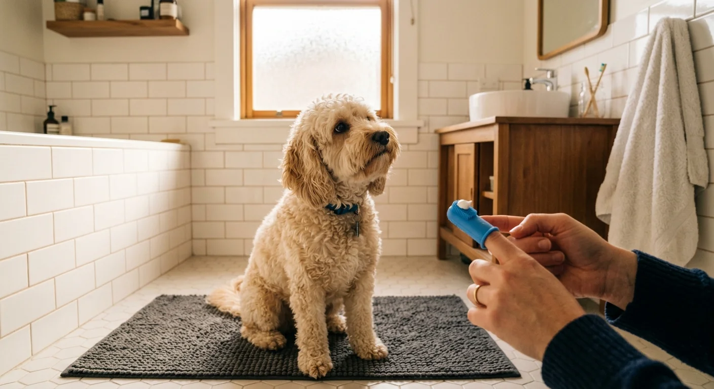 A cockapoo sits on a bath mat while its owner prepares to brush its teeth with a blue silicone finger toothbrush.