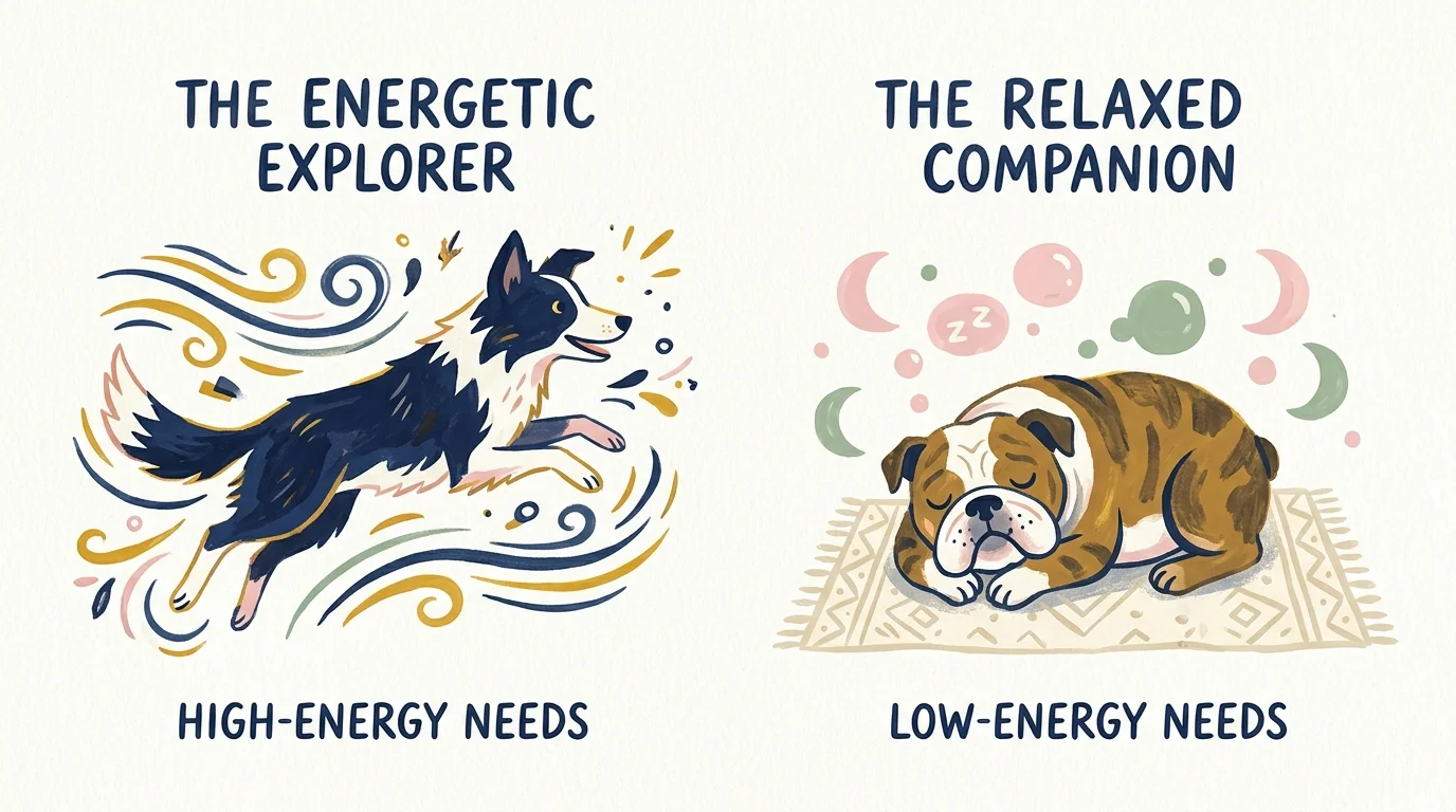 A colorful gouache illustration comparing an active, leaping Border Collie to a sleeping, relaxed English Bulldog.