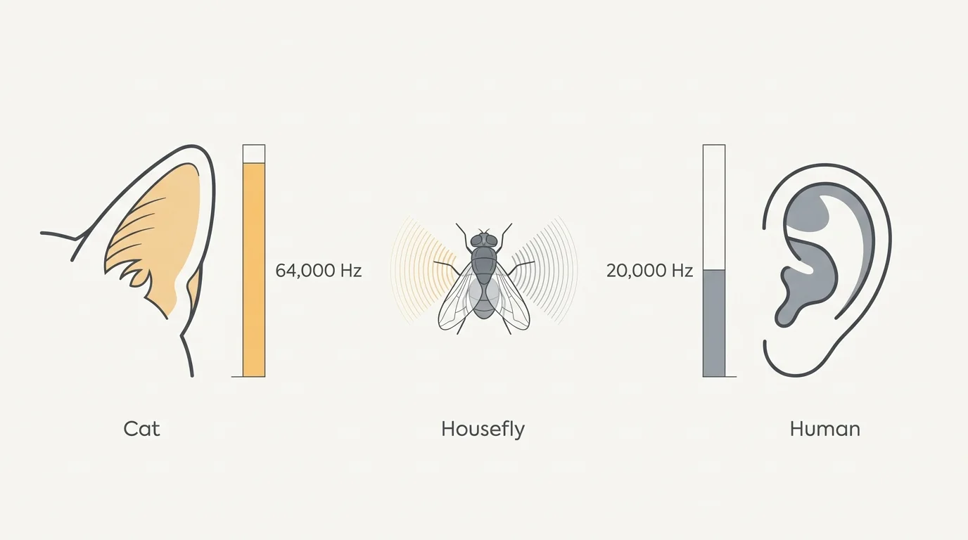 A comparative diagram showing feline hearing range up to 64,000 Hz versus human hearing up to 20,000 Hz.
