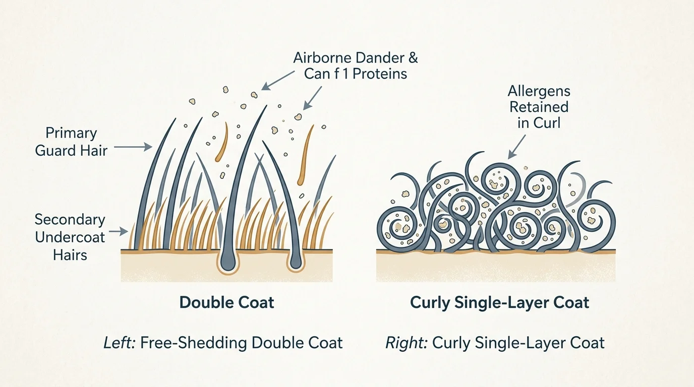 A comparative diagram showing how double coats release airborne dander while curly single coats trap allergens.