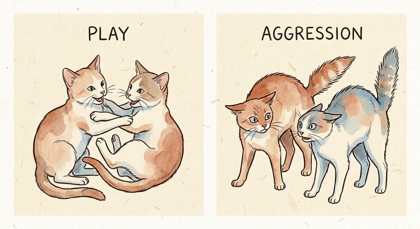 A comparative illustration showing friendly play-fighting on the left versus tense, defensive aggression on the right.