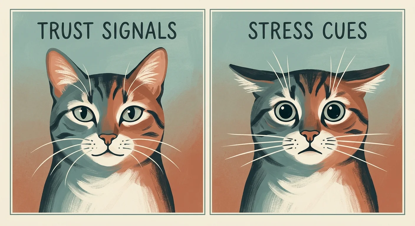 A comparative illustration showing the relaxed ears of a trusting cat versus the flattened ears of a stressed cat.