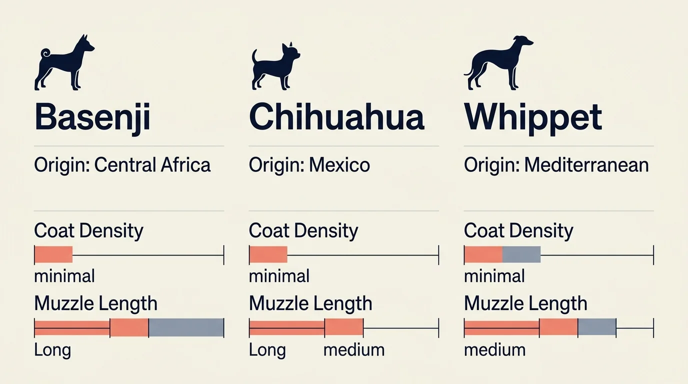 A comparative infographic chart comparing the origin, coat density, and muzzle length of different warm-weather dog breeds.