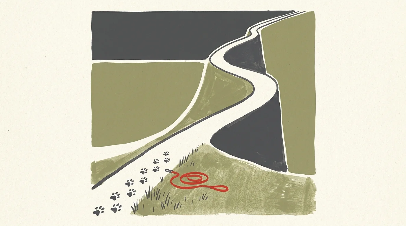 A conceptual illustration of a steep path and a resting leash, representing the pitfall of over-exercising an aging dog.