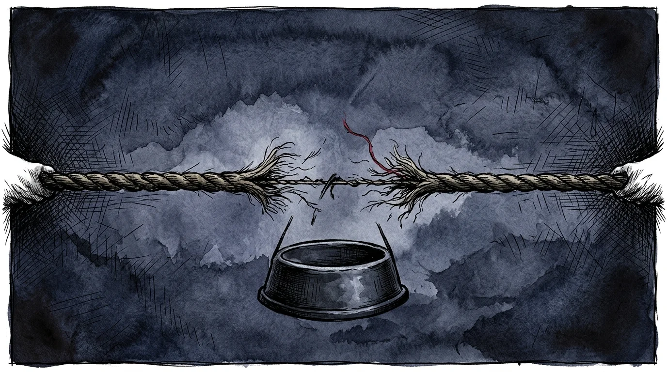 A conceptual watercolor illustration of a thick rope fraying in the middle under the weight of a heavy pet bowl.