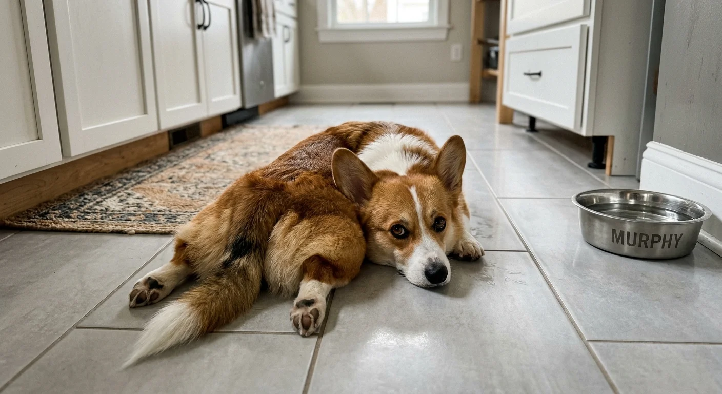 A corgi lies flat on its belly with hind legs kicked straight out on a tiled kitchen floor next to a water bowl.