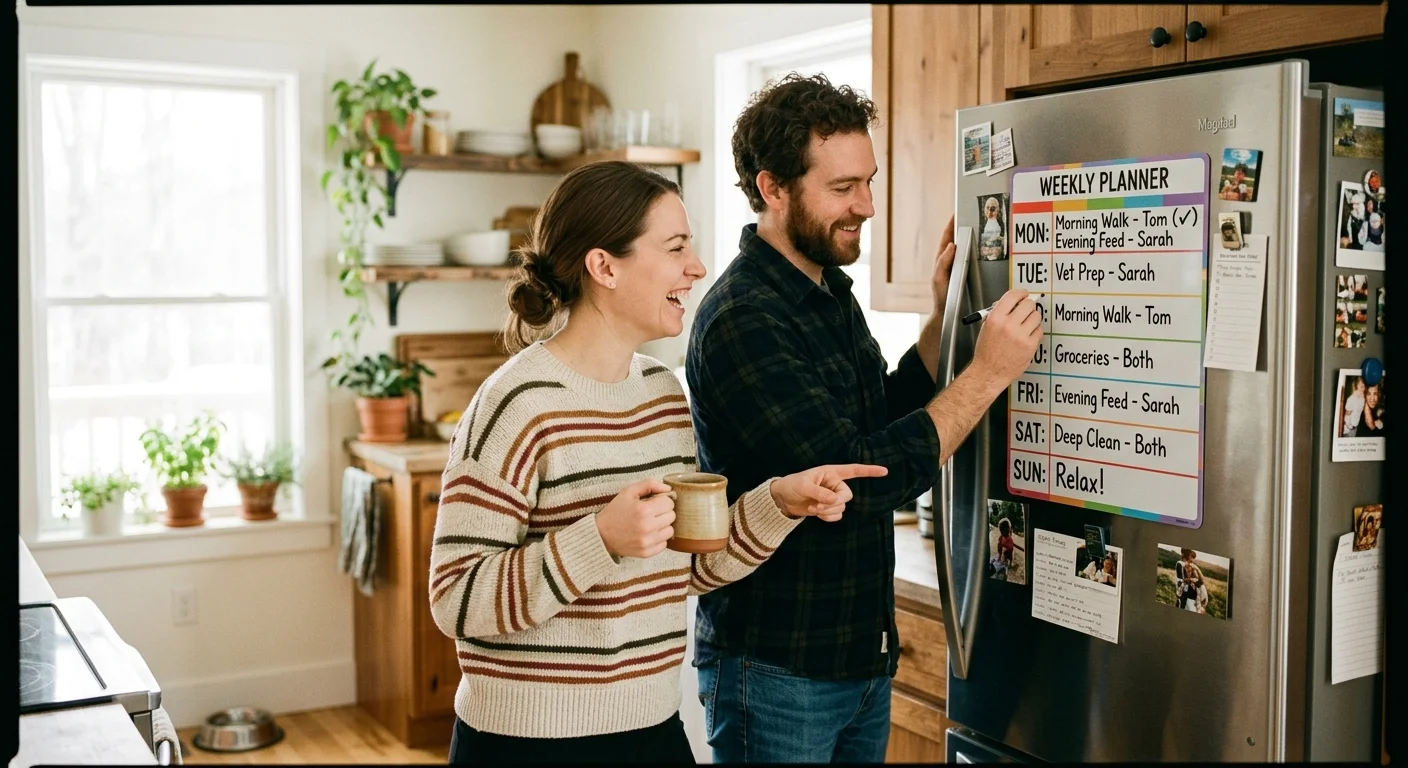 A couple smiling while writing a fair pet-care schedule on a colorful magnetic whiteboard calendar on their refrigerator.