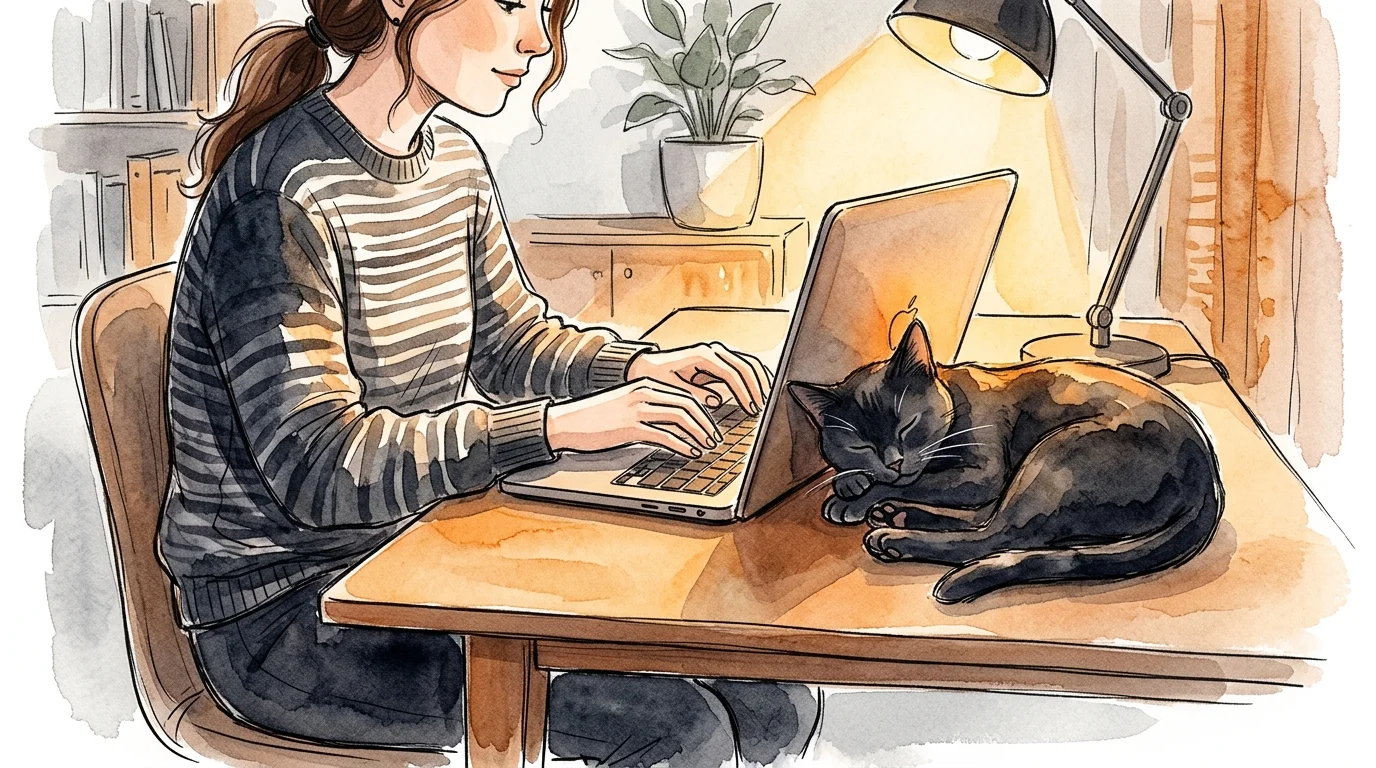 A cozy watercolor illustration of a black cat sleeping soundly next to a laptop on a warm, sunlit wooden home-office desk.