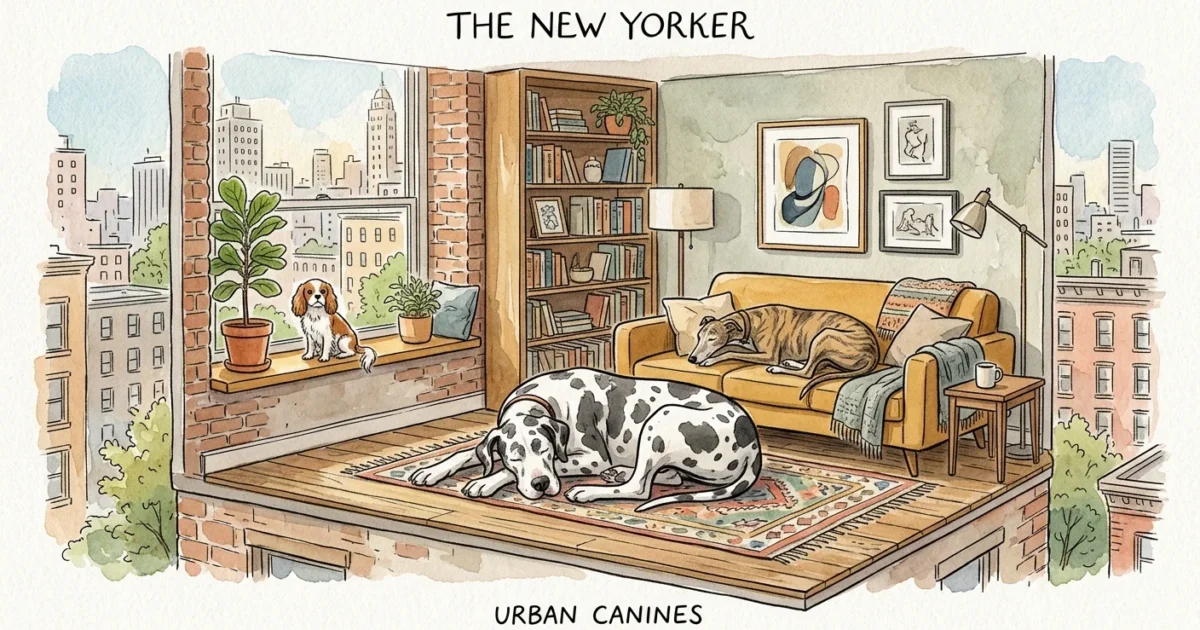 A cozy watercolor illustration of a Great Dane, Greyhound, and Cavalier sleeping peacefully in a small city apartment.