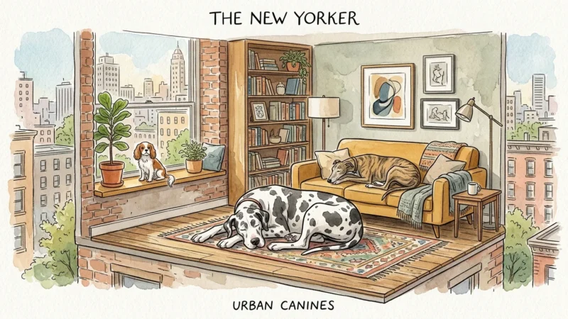 A cozy watercolor illustration of a Great Dane, Greyhound, and Cavalier sleeping peacefully in a small city apartment.