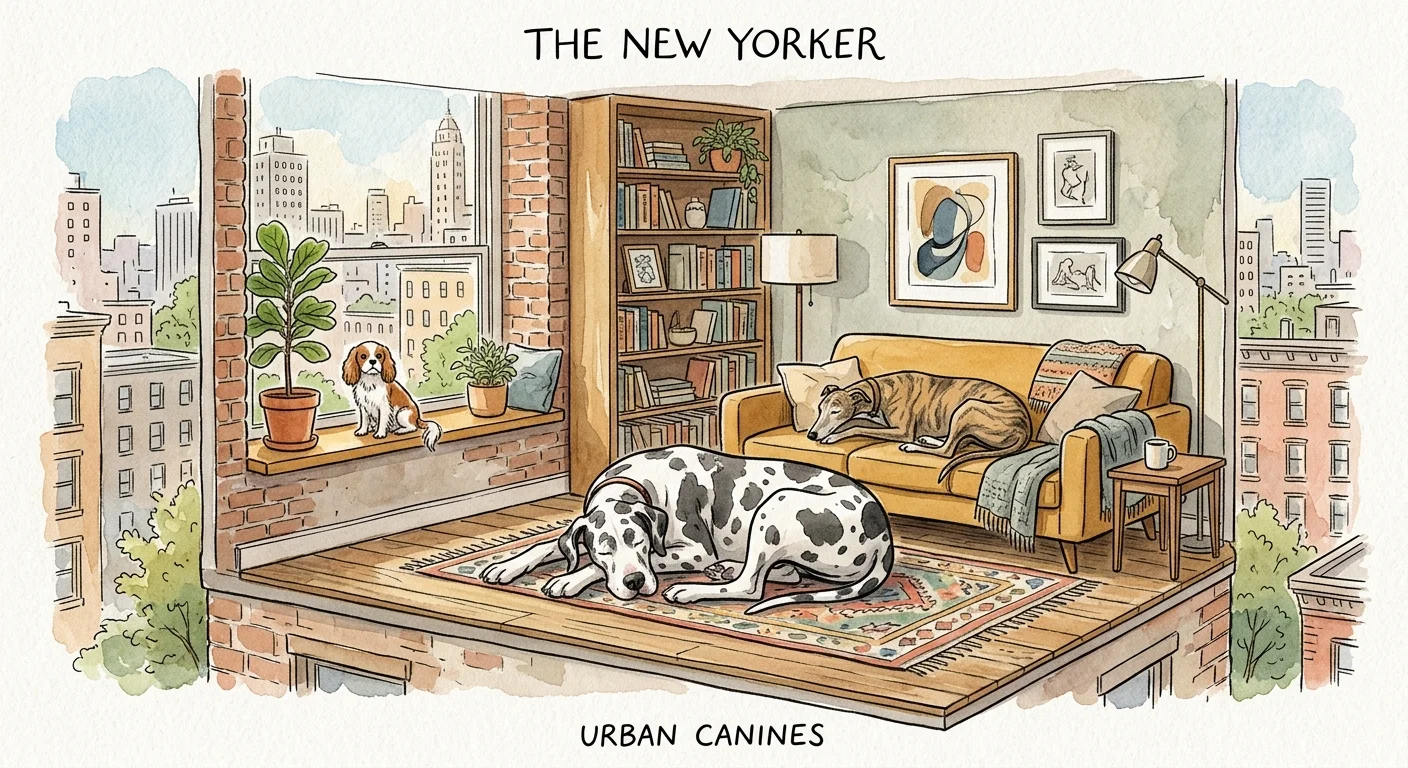 A cozy watercolor illustration of a Great Dane, Greyhound, and Cavalier sleeping peacefully in a small city apartment.