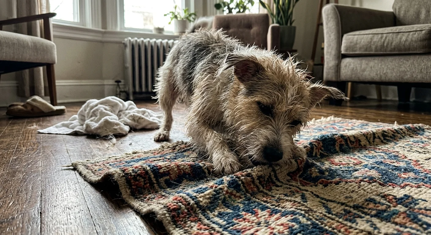 A damp terrier mix frantically rubs its face and body against a living room rug after a bath.