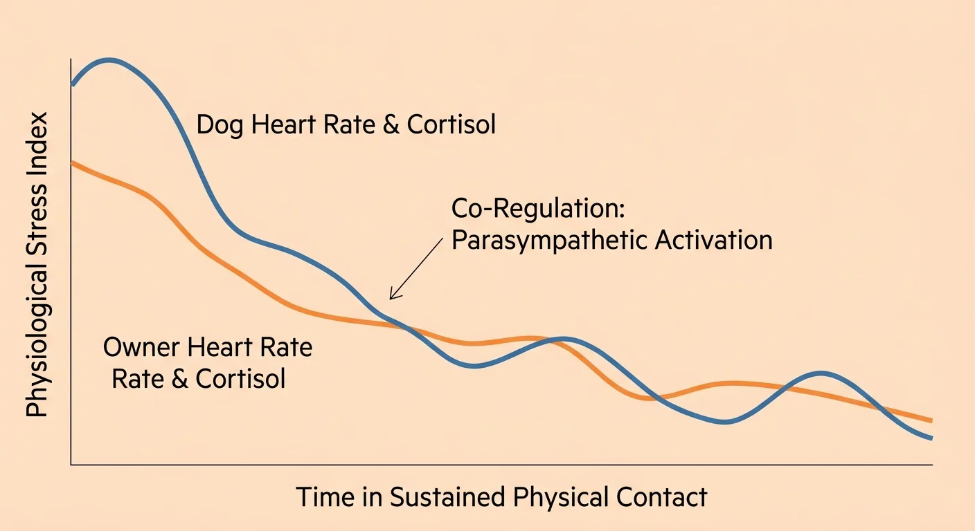 A data visualization graph showing how both dog and human heart rates and cortisol levels drop and sync over time during physical contact.