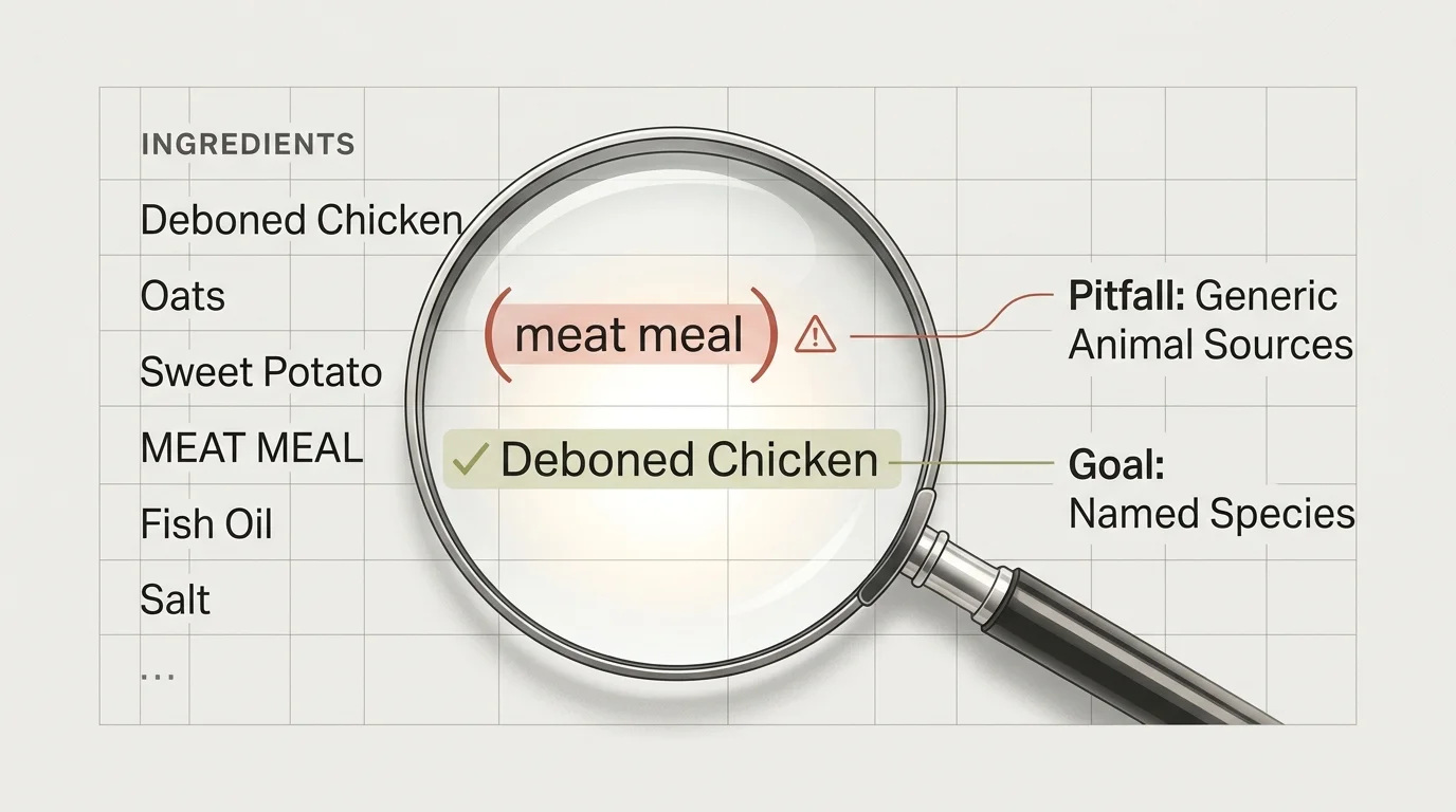 A diagram highlighting the difference between generic meat meals and named animal protein sources on a label.