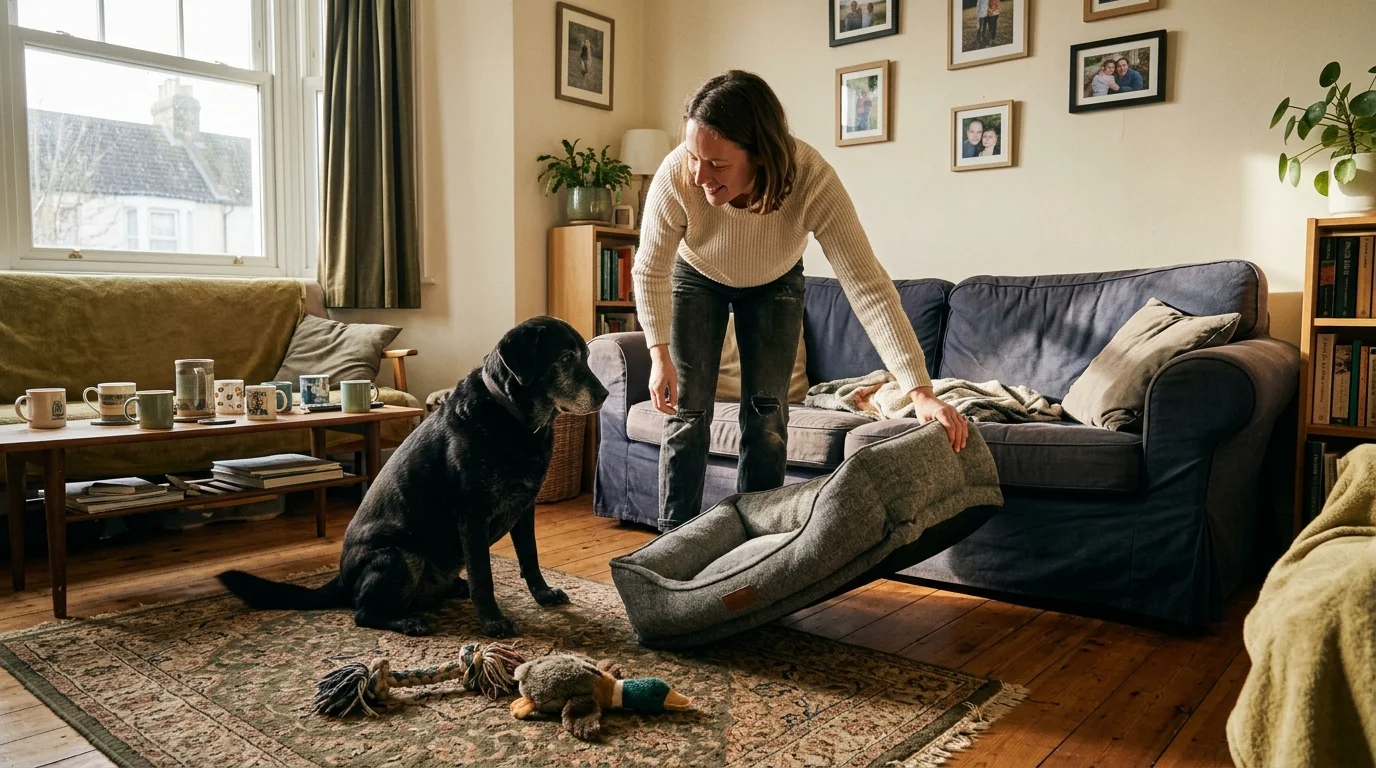 A dog owner places a supportive orthopedic bed on the living room floor for an older black labrador.
