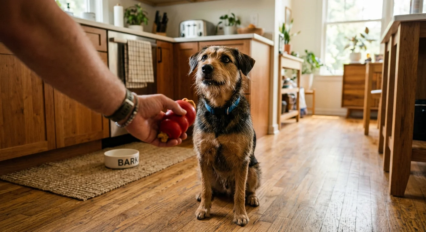 A dog sitting attentively in a bright kitchen, focusing on a hand offering a high-value treat to reward quiet behavior.