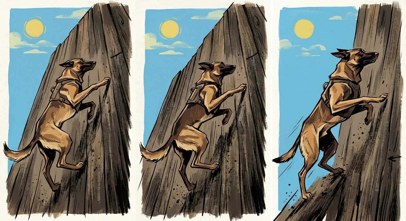 A dynamic gouache illustration looking up at a Belgian Malinois scaling a tall wooden wall.