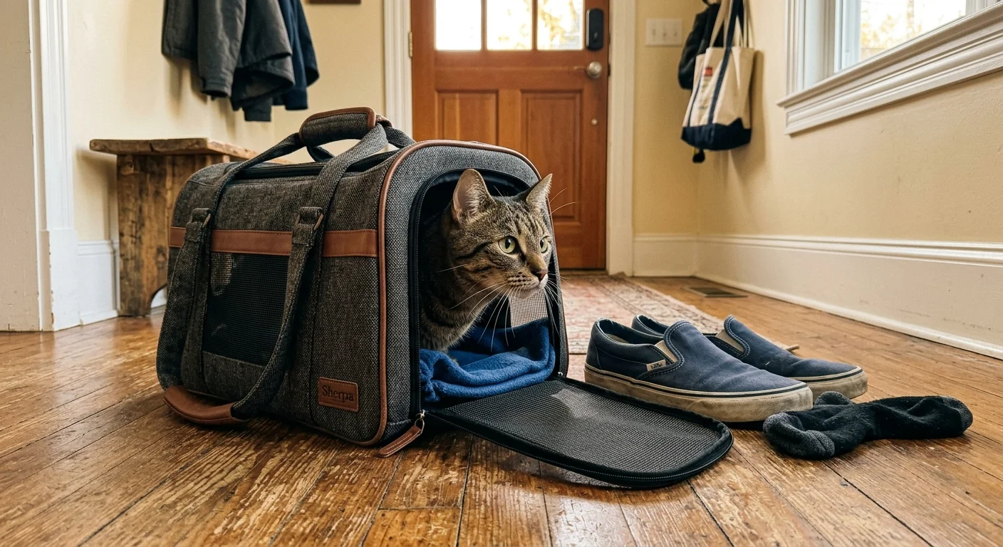 A fabric cat carrier sits open near a front door with a tabby cat peeking out, illuminated by warm daylight.
