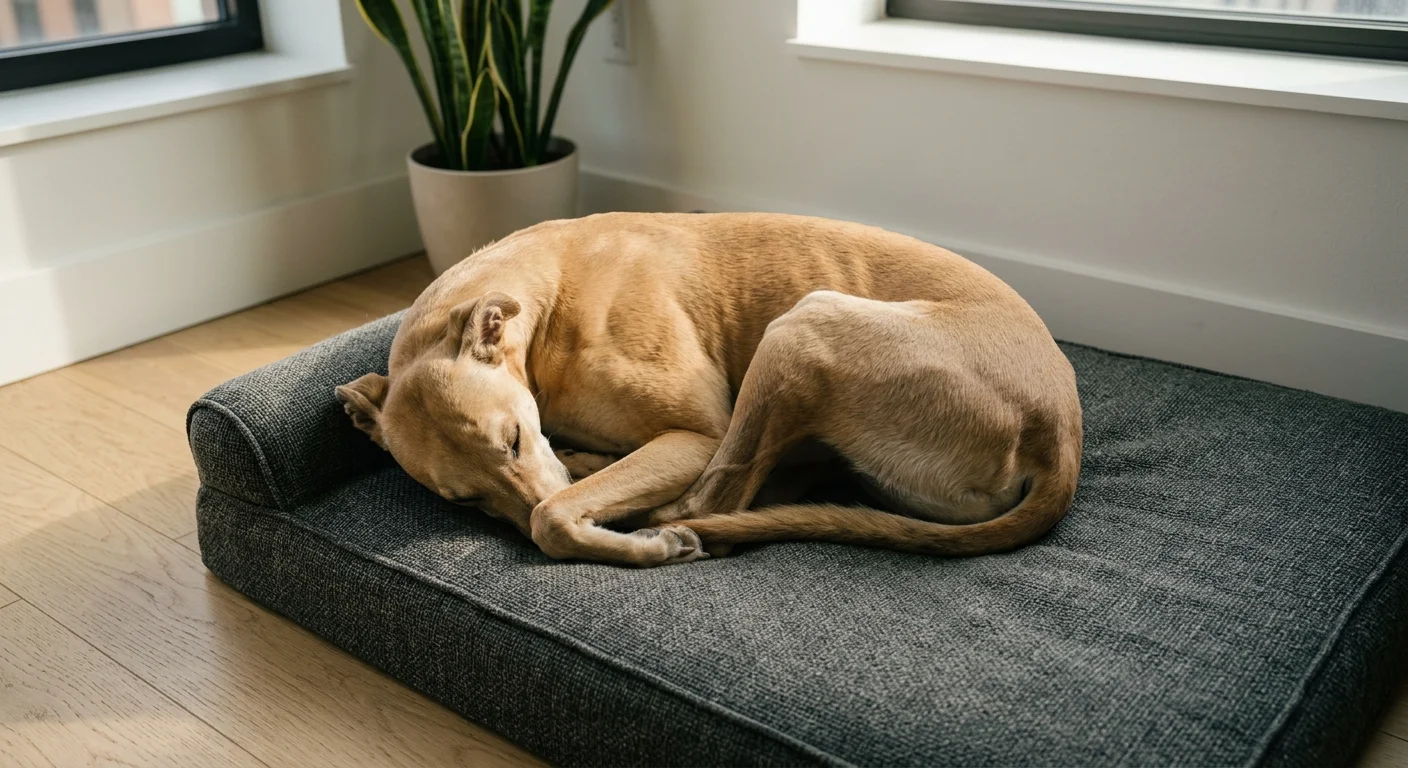 A fawn-colored Greyhound curled up asleep on a plush orthopedic dog bed in a sunlit corner of an apartment.