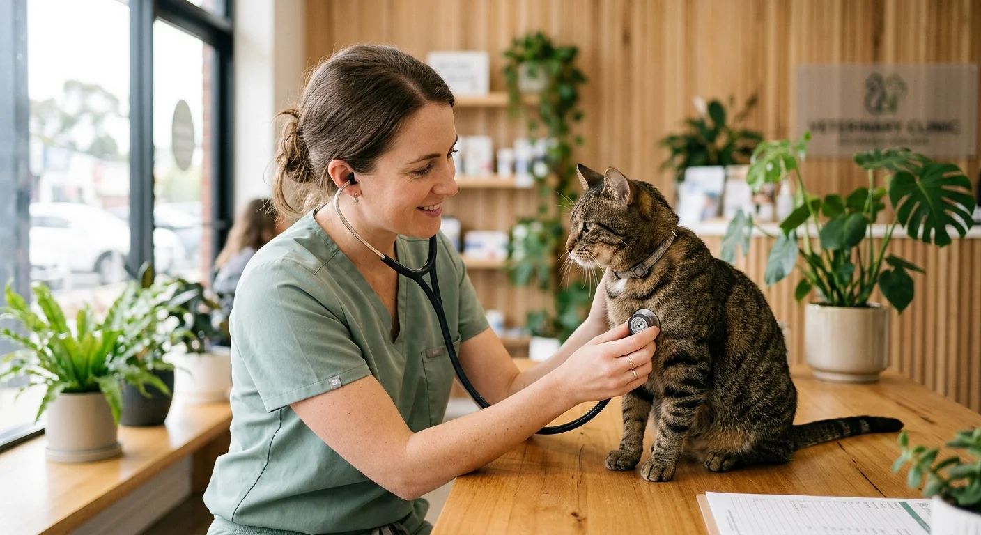 A female veterinarian in sage-green scrubs gently examining a calm tabby cat in a warm, modern clinic.