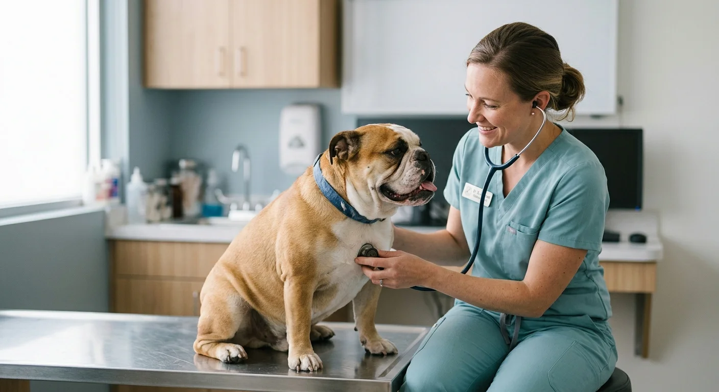 A female veterinarian in teal scrubs gently checking an English Bulldog's breathing with a stethoscope.