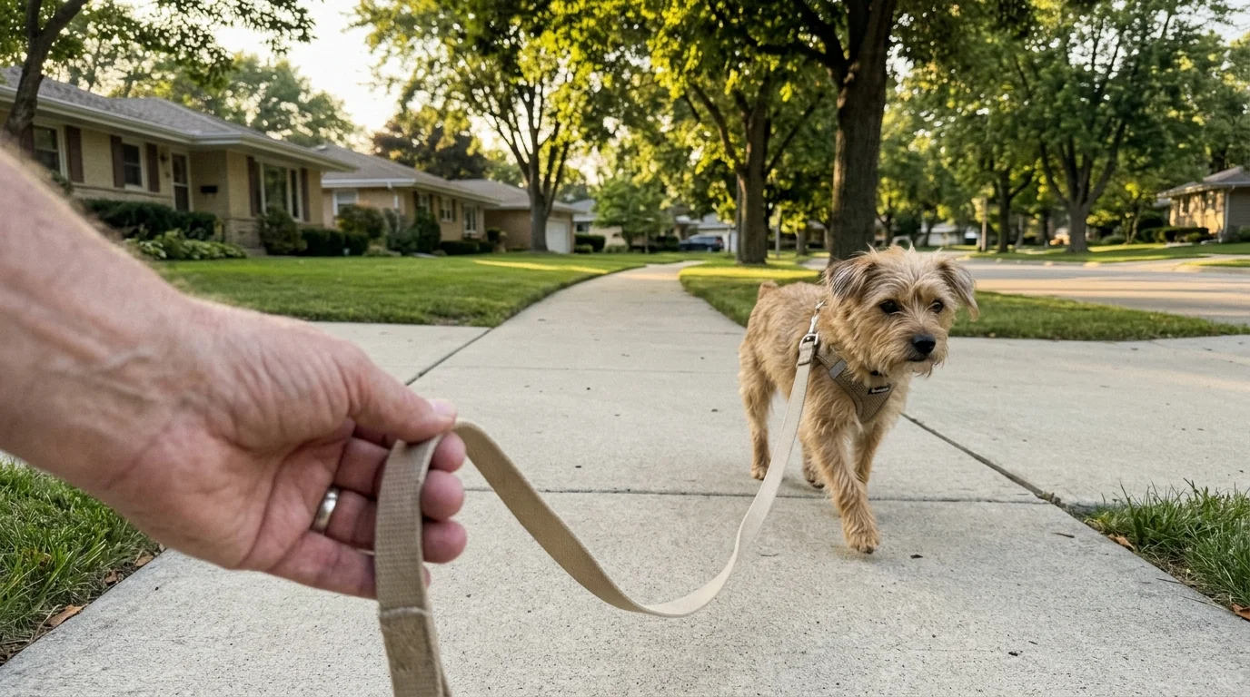 A first-person perspective photo of a senior walking a small dog on a loose leash along a sunny, clear neighborhood sidewalk.