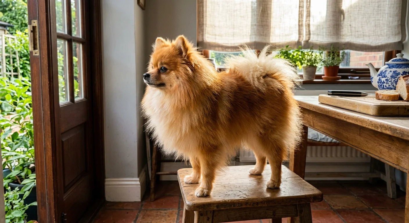 A fluffy ginger Pomeranian dog standing on a rustic wooden stool near an open doorway.