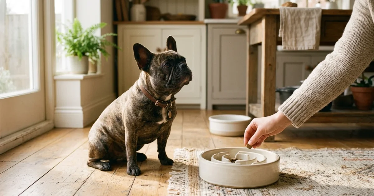 A French Bulldog sits on a wooden kitchen floor next to a ceramic slow-feeder bowl in warm morning light.