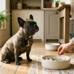 A French Bulldog sits on a wooden kitchen floor next to a ceramic slow-feeder bowl in warm morning light.