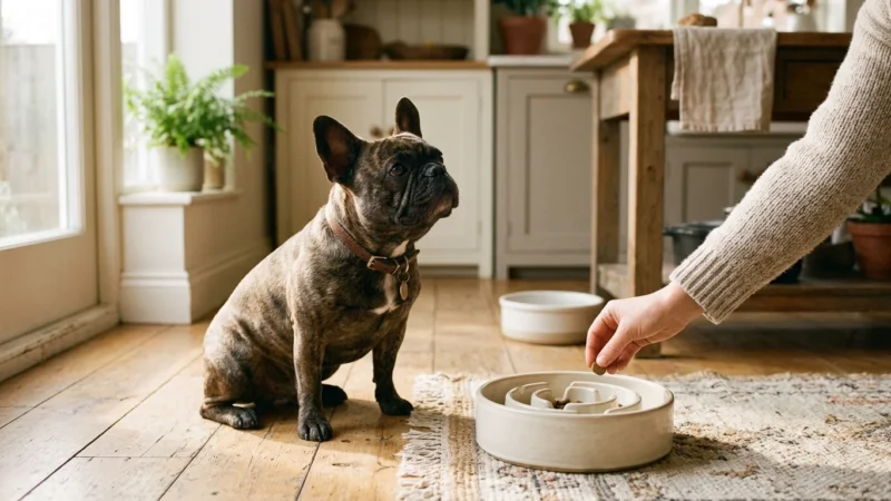 A French Bulldog sits on a wooden kitchen floor next to a ceramic slow-feeder bowl in warm morning light.