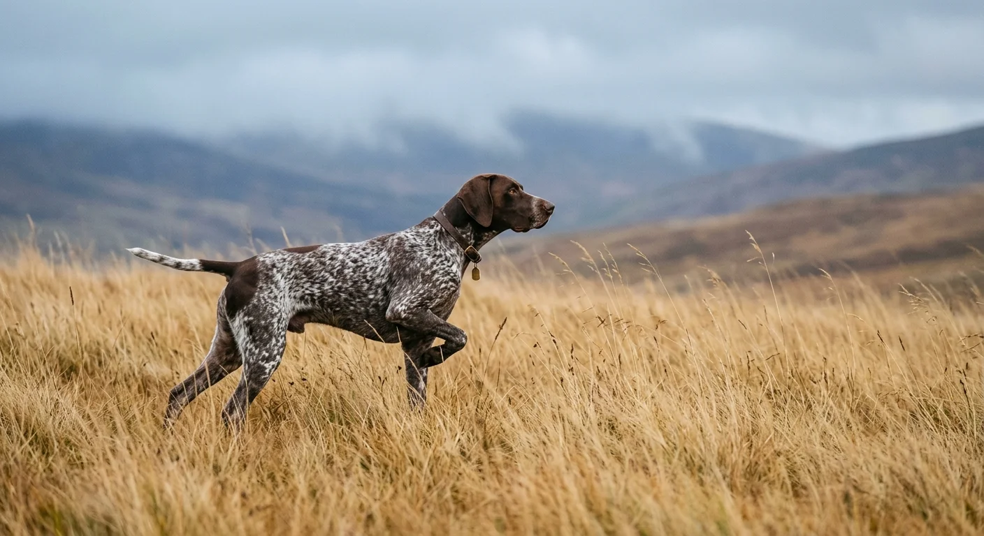 A German Shorthaired Pointer holds a classic pointing stance in a golden field of tall grass on an overcast morning.