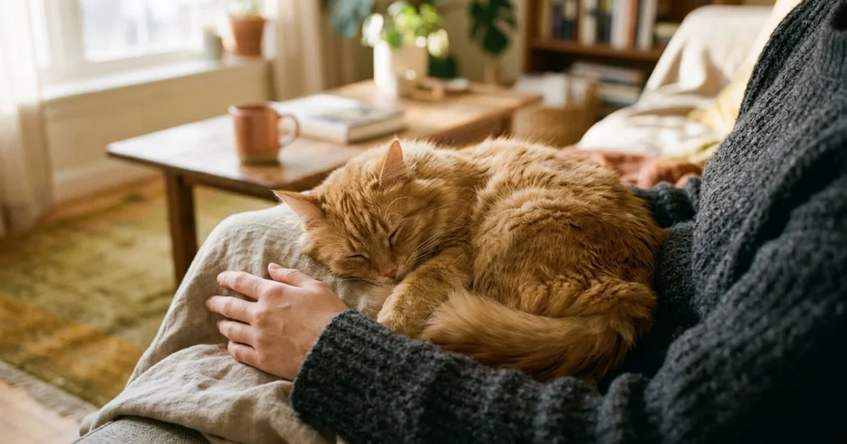 A ginger cat curled up asleep on a person's lap in a sunlit living room, symbolizing warmth and complete trust.