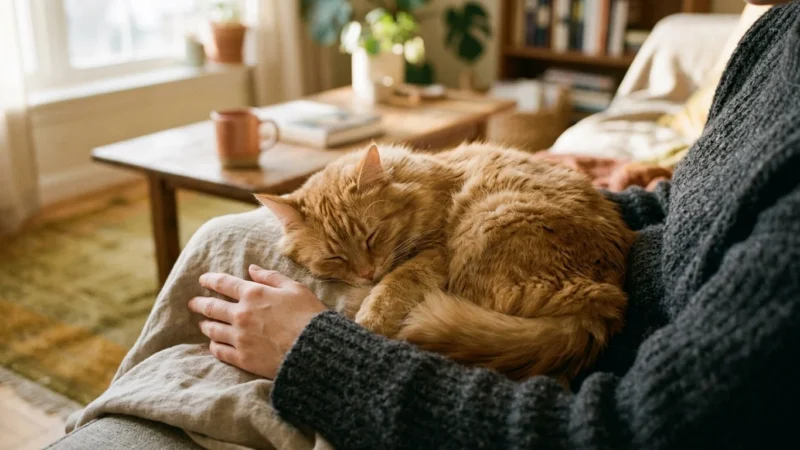 A ginger cat curled up asleep on a person's lap in a sunlit living room, symbolizing warmth and complete trust.