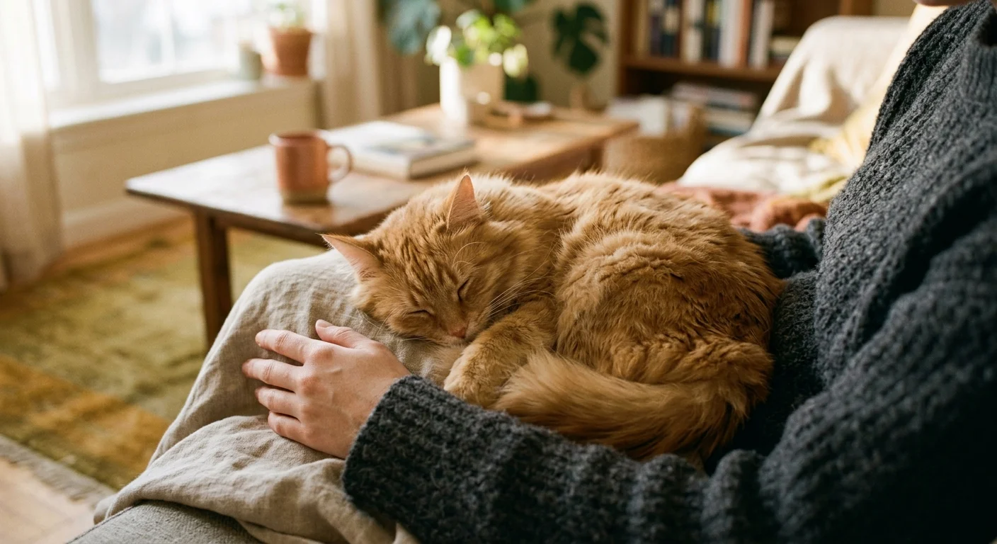 A ginger cat curled up asleep on a person's lap in a sunlit living room, symbolizing warmth and complete trust.